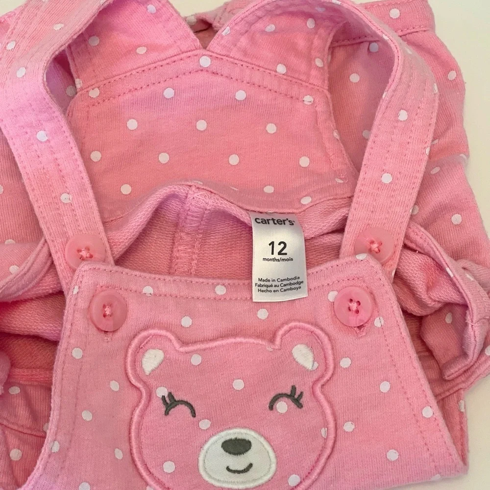 Carter's Baby Girl Pink Bear Overalls with White Polka Dots Size 12 Months